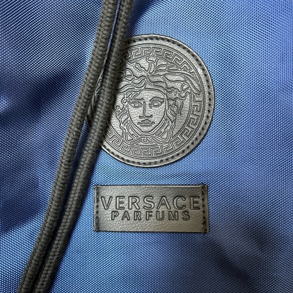 Versace Parfums bucket bag with shoulder straps. Blue with leather trim. - Picture 1 of 11
